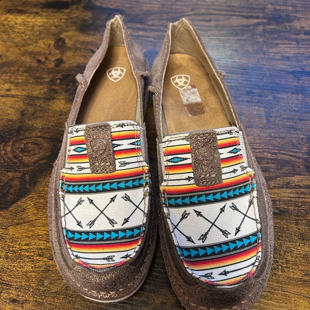 Ariat Brown Suede Slip-Ons with Tribal Pattern